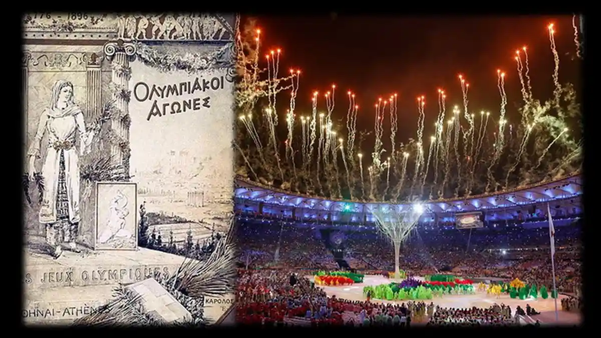 Sejarah Olimpiade modern dari Athena 1896 hingga era digital dengan atlet dan simbol cincin Olimpiade