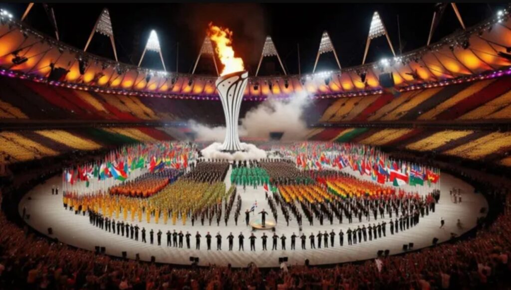 Sejarah Olimpiade Modern dengan simbol lima cincin dan obor Olimpiade sebagai ajang olahraga internasional.